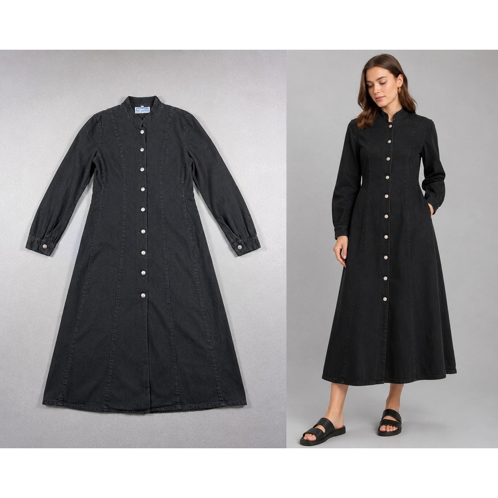Vintage Denim Long Dress Women Medium Button Down Long Sleeve Black 90s Cottage - Picture 2 of 9